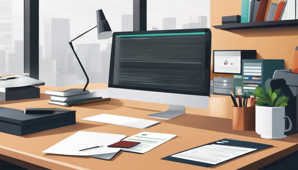 Een netjes georganiseerd bureau met een computer en financiële documenten.