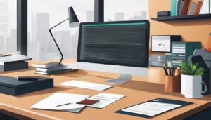 Een netjes georganiseerd bureau met een computer en financiële documenten.