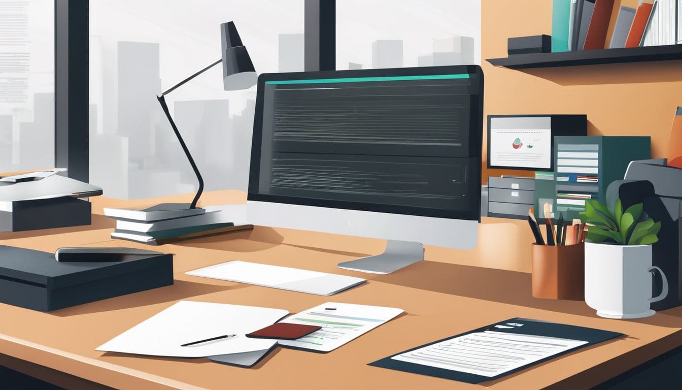 Een netjes georganiseerd bureau met een computer en financiële documenten.