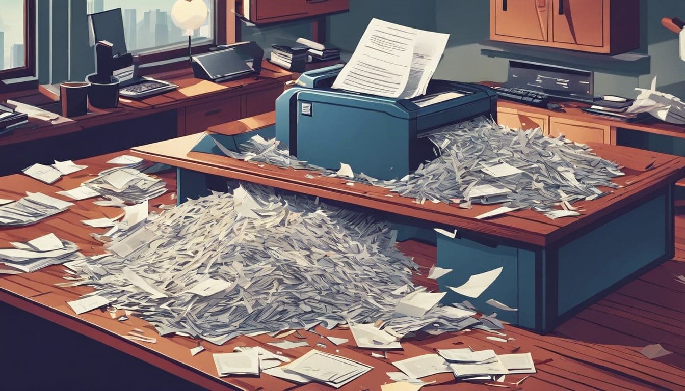 Een stapel oude financiële documenten wordt versnipperd op een bureau, met chaotisch zwevend papier.