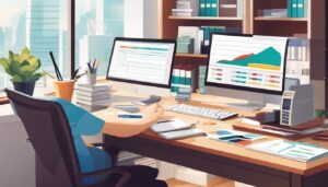 Een persoon organiseert papierwerk op een net bureau met computer en rekenmachine.