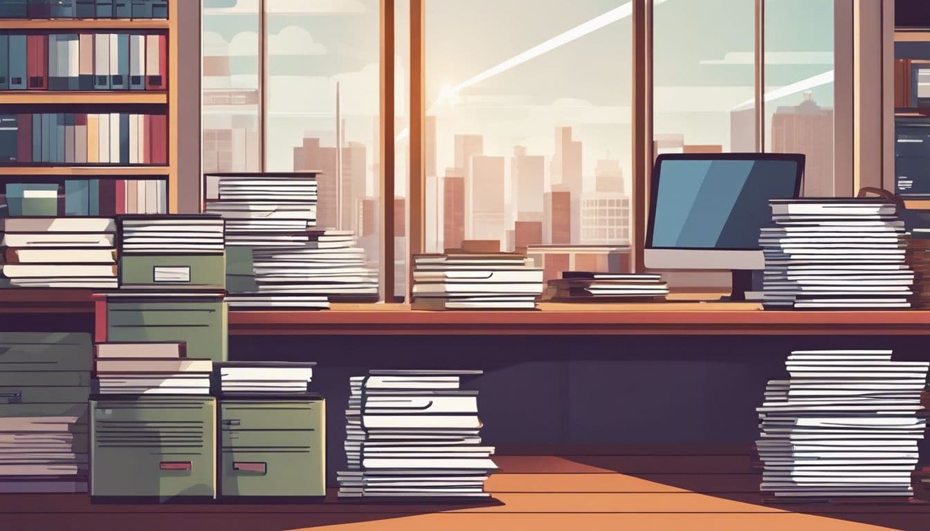 Een stapel netjes georganiseerde bestanden en documenten in een professionele kantooromgeving.