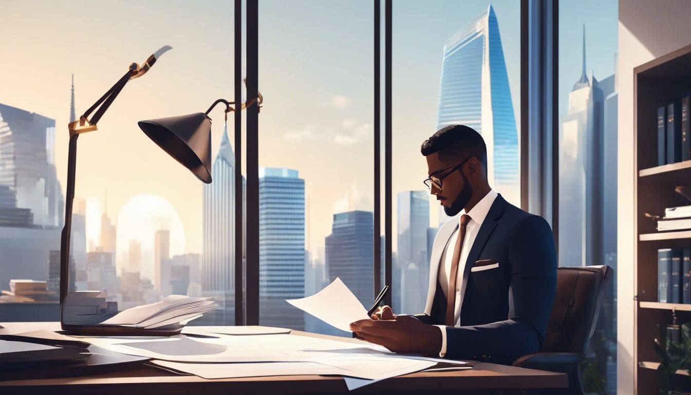 Een persoon beoordeelt juridische documenten aan een strak, modern bureau in een goed verlicht kantoor.