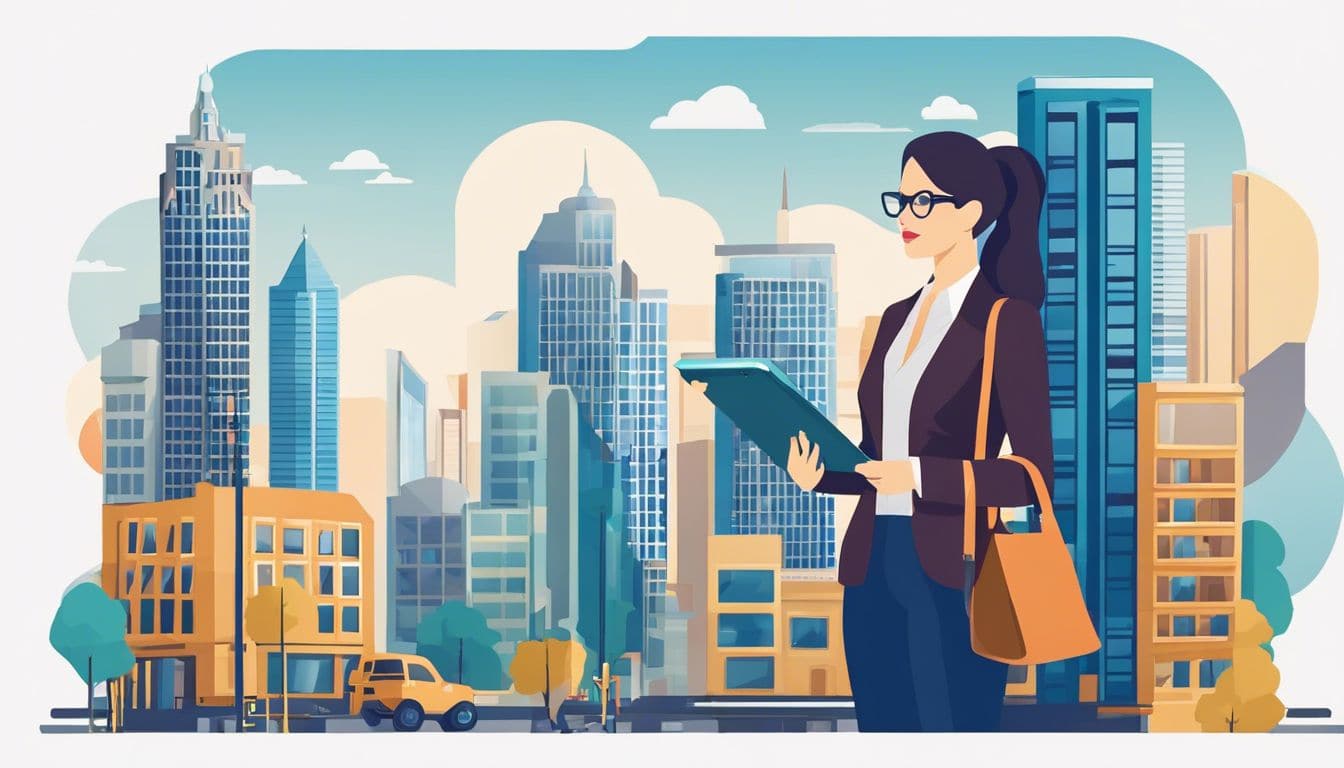 Een vrouwelijke stadsplanner inspecteert gebouwen in een stad. Een vrouwelijke stadsplanner inspecteert gebouwen in een stad.