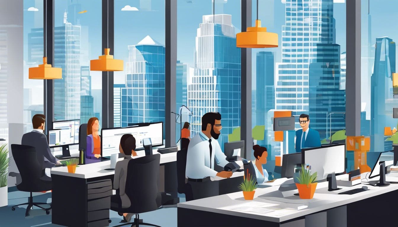 Het administratieve team verwerkt OV-chipkaart transacties in een modern kantoor.