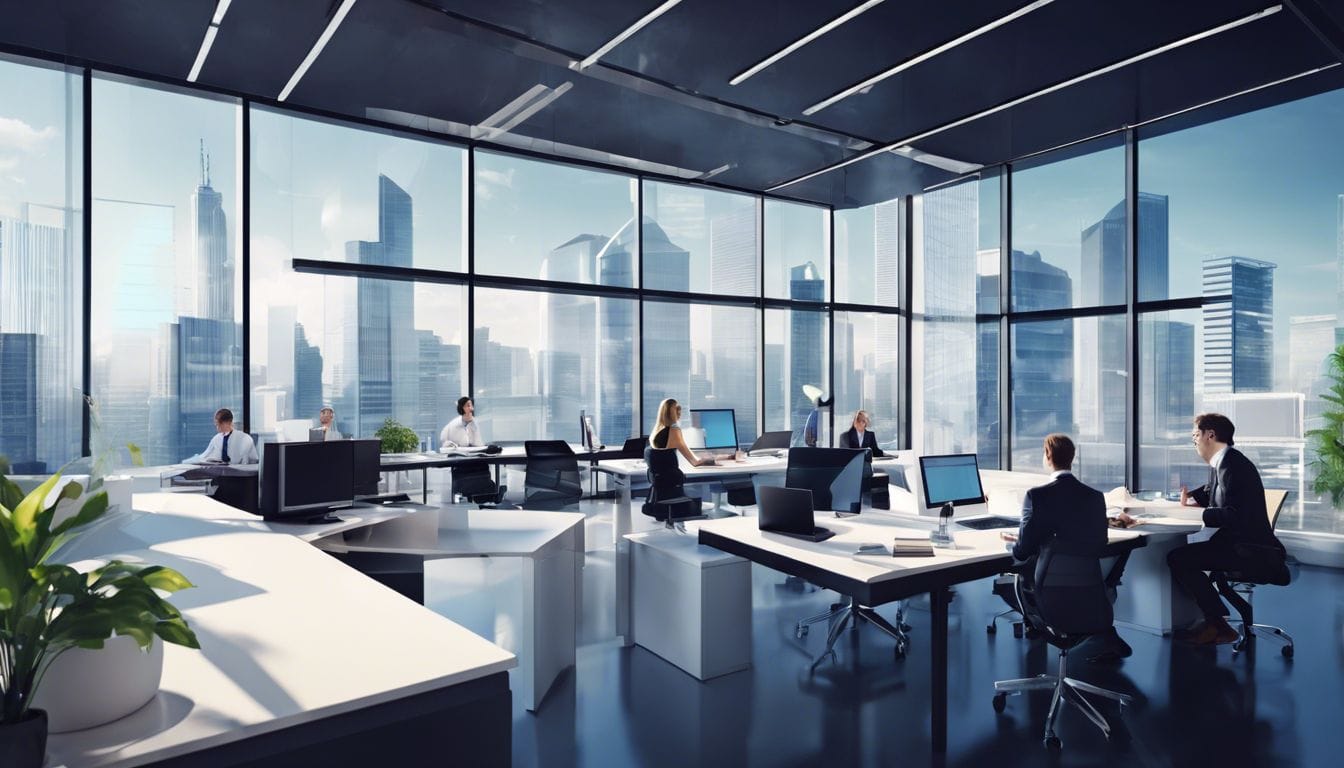 Accountants werken aan financi&euml;le rapporten in een moderne kantooromgeving.