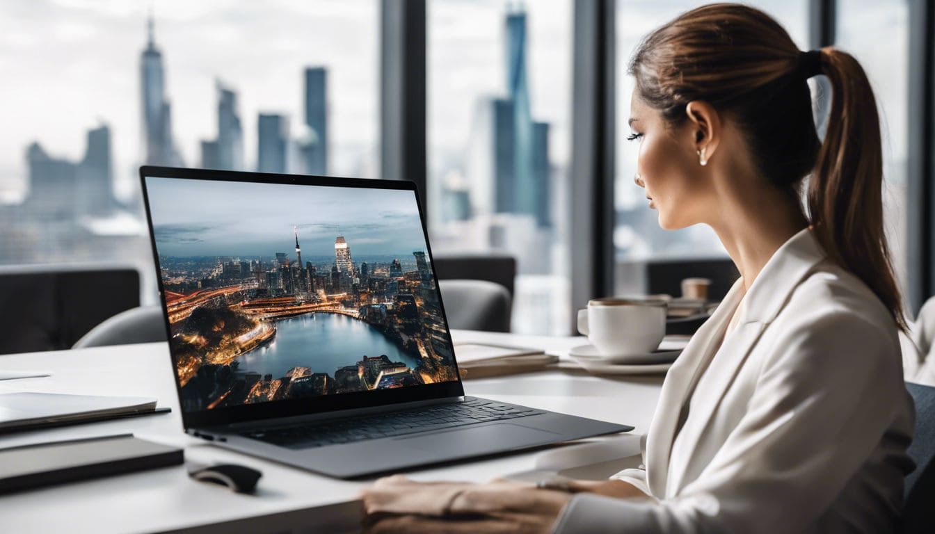 Een succesvolle zakenman gebruikt de Yuki app op een laptop in een modern kantoor met uitzicht op de stad.