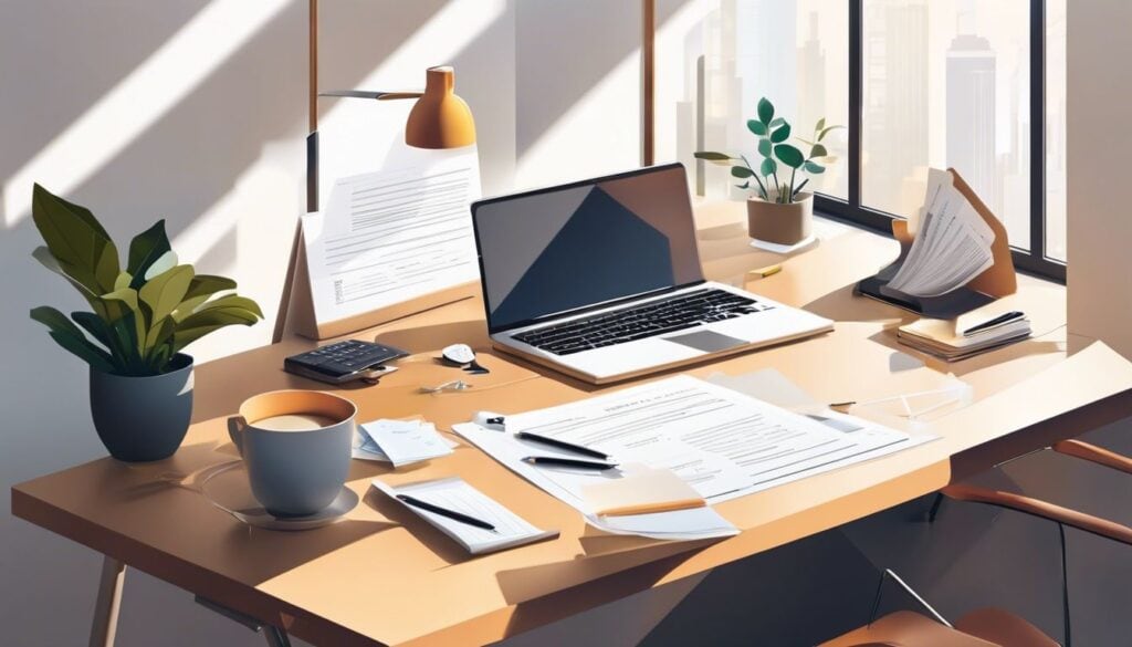 Een bureau met georganiseerde financiële documenten en kantoorbenodigdheden.