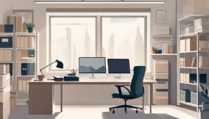 Een persoon organiseert papierwerk in een netjes kantoor.