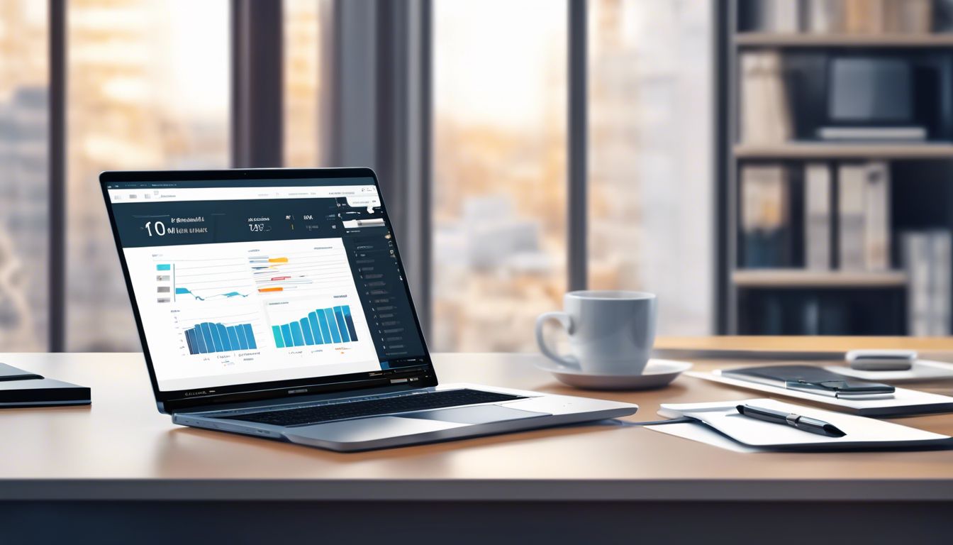 Een laptop met boekhoudsoftware op een opgeruimd bureau in een modern kantoor.