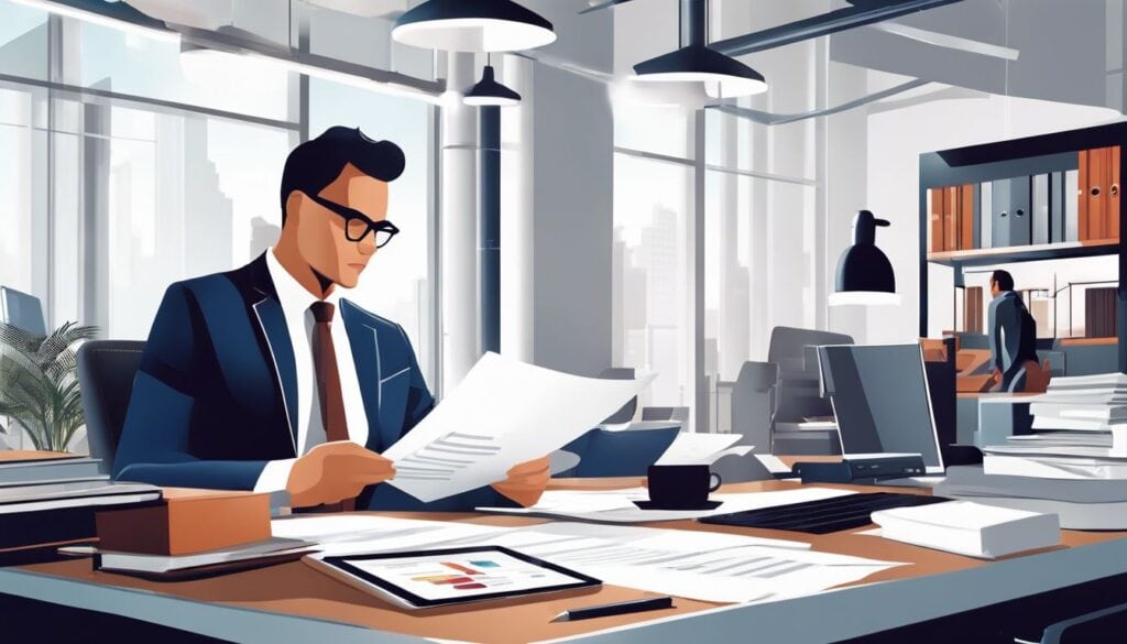 Een accountant beoordeelt financiële documenten in een moderne kantooromgeving.