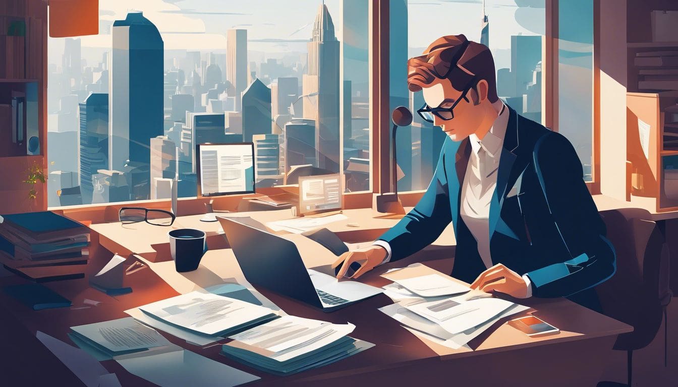 Een persoon op een druk kantoor met digitale apparaten en papierwerk.