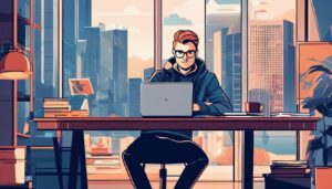 Een YouTuber zit aan een bureau omringd door financiële documenten en stadsfotografie, wat de vastberadenheid en ambitie van het moderne stadsleven benadrukt.