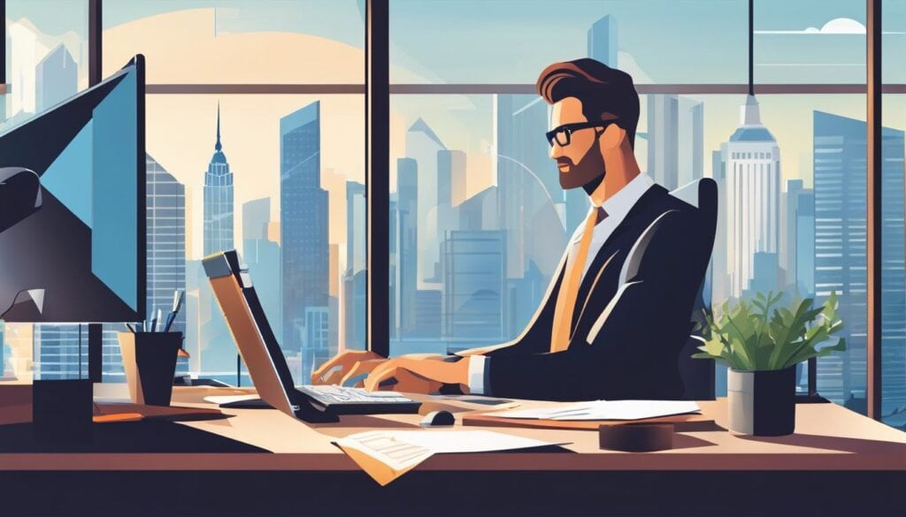 Een individu werkt aan boekhouding op een moderne computer in een georganiseerd kantoor met uitzicht op stadsskyline.