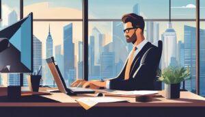 Een individu werkt aan boekhouding op een moderne computer in een georganiseerd kantoor met uitzicht op stadsskyline.