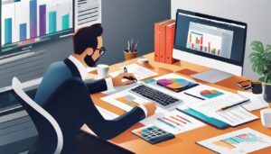 De ondernemer analyseert financiële documenten met Yuki boekhoudsoftware in een moderne kantooromgeving.