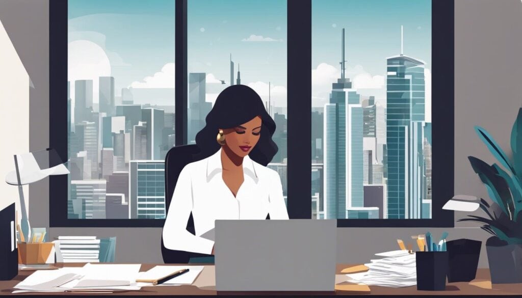 Een zakenvrouw werkt geconcentreerd en vastberaden aan haar bureau in een modern kantoor, met uitzicht op een stad.