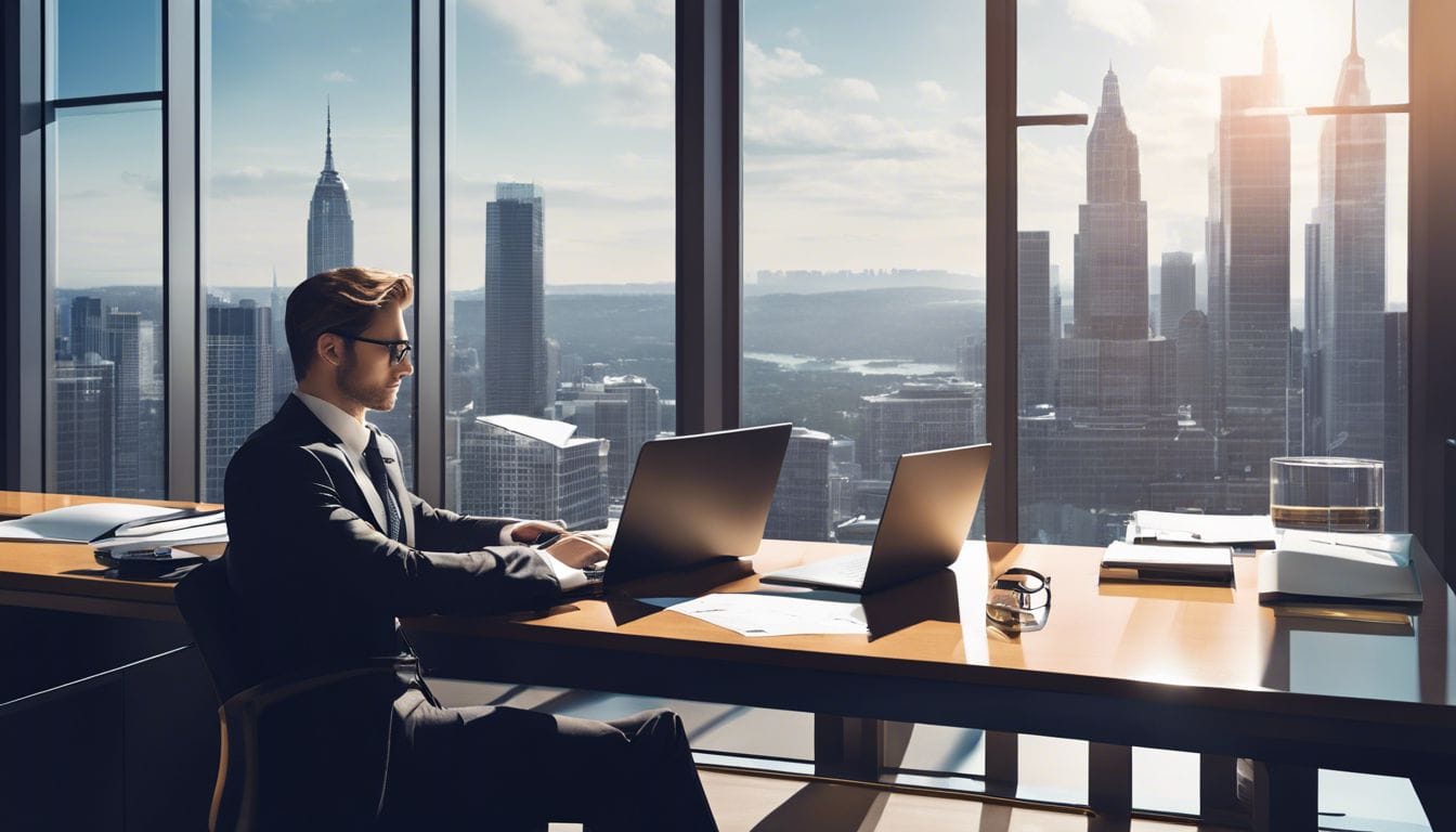 Een persoon in zakelijke kleding werkt op kantoor met laptop en calculator.