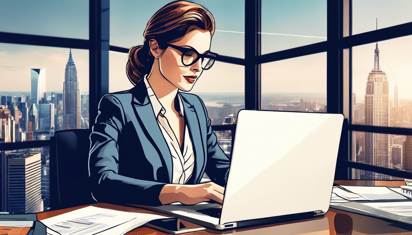 Een professionele vrouw in een moderne kantooromgeving gebruikt een laptop. Een professionele vrouw in een moderne kantooromgeving gebruikt een laptop.
