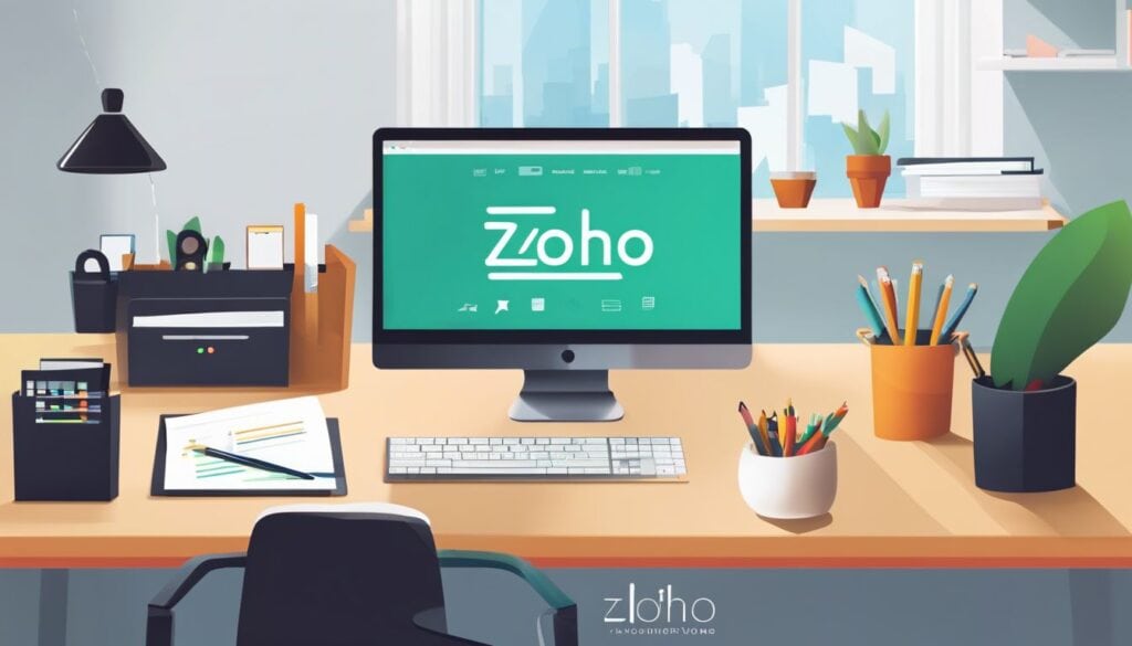 Een opgeruimde werkruimte met een moderne computer en Zoho boekhoudsoftware.