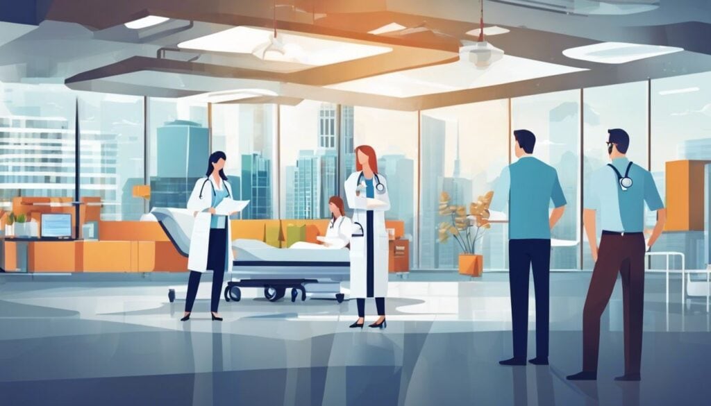 Gezondheidswerkers werken samen in een modern ziekenhuis met stadsgezichten.