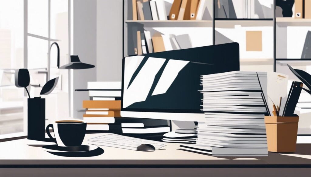 Een persoon die papierwerk ordent op een net bureau in een moderne kantooromgeving.