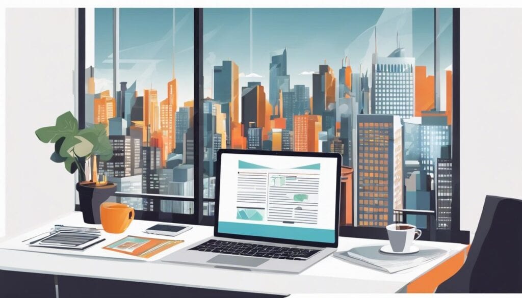 Een georganiseerd bureau met financiële documenten en een laptop, met uitzicht op de stad.