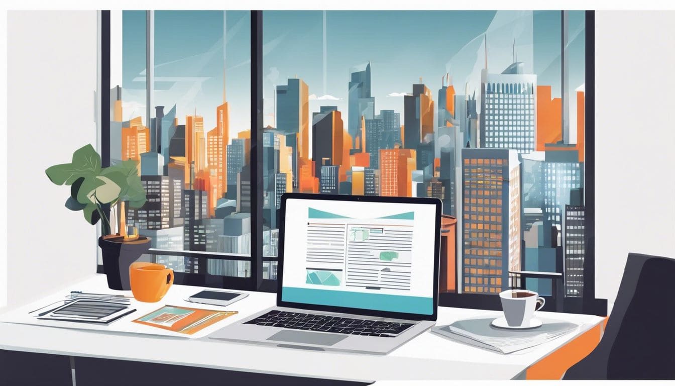 Een georganiseerd bureau met financiële documenten en een laptop, met uitzicht op de stad.