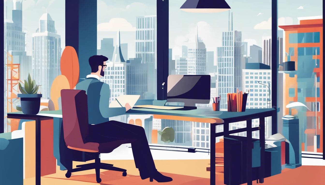 Een bedrijfseigenaar organiseert papierwerk met een laptop, met een stad op de achtergrond.