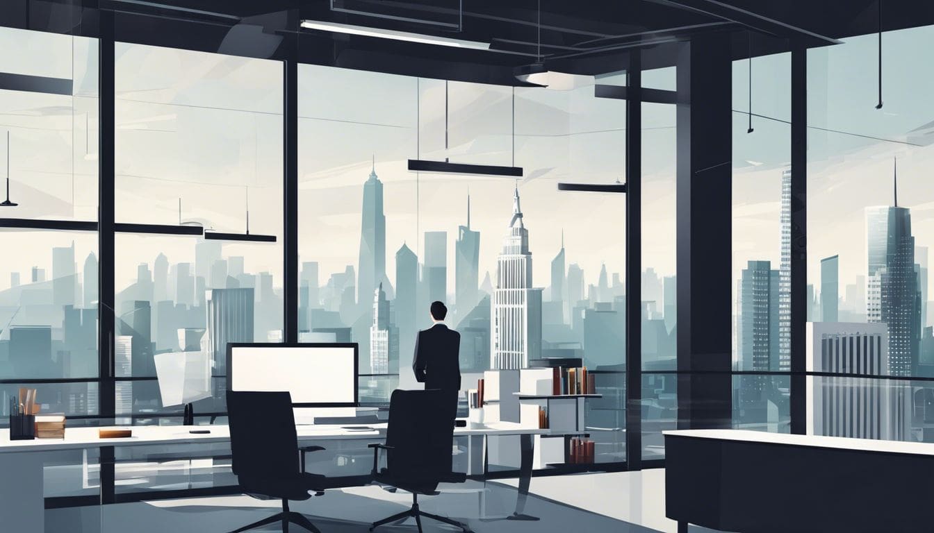 Een zakenman organiseert papierwerk in modern kantoor met stadsgezicht.