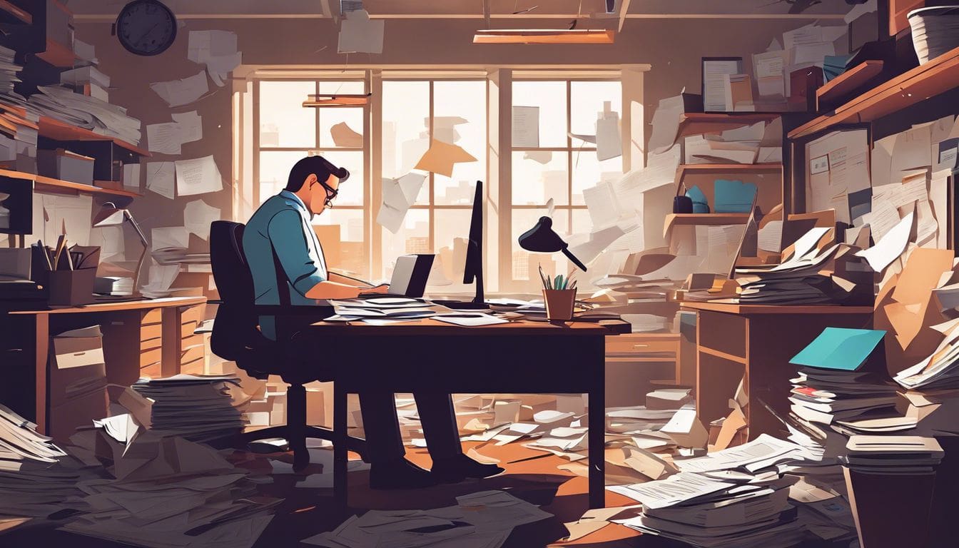 Een overweldigde zakeneigenaar zit aan een rommelig bureau in een chaotische kantooromgeving.
