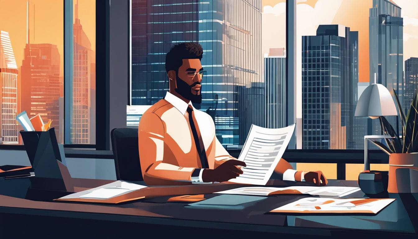 Een bedrijfseigenaar onderzoekt financiële gegevens in een moderne kantooromgeving.