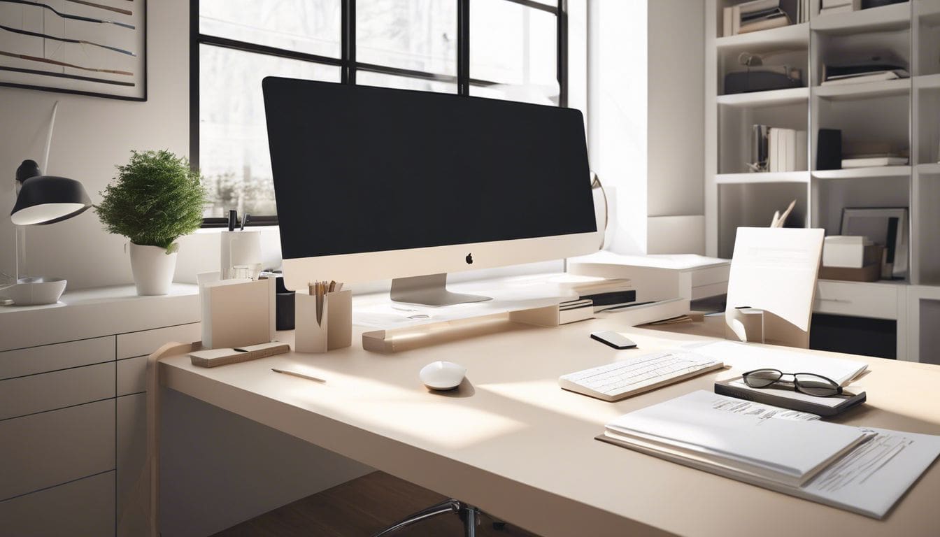 Een opgeruimd thuiskantoor met minimalistische esthetiek en professionele uitstraling.
