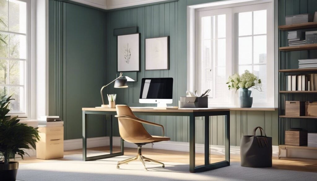 Een opgeruimd thuiskantoor met goed georganiseerde financiële documenten en modern interieur.