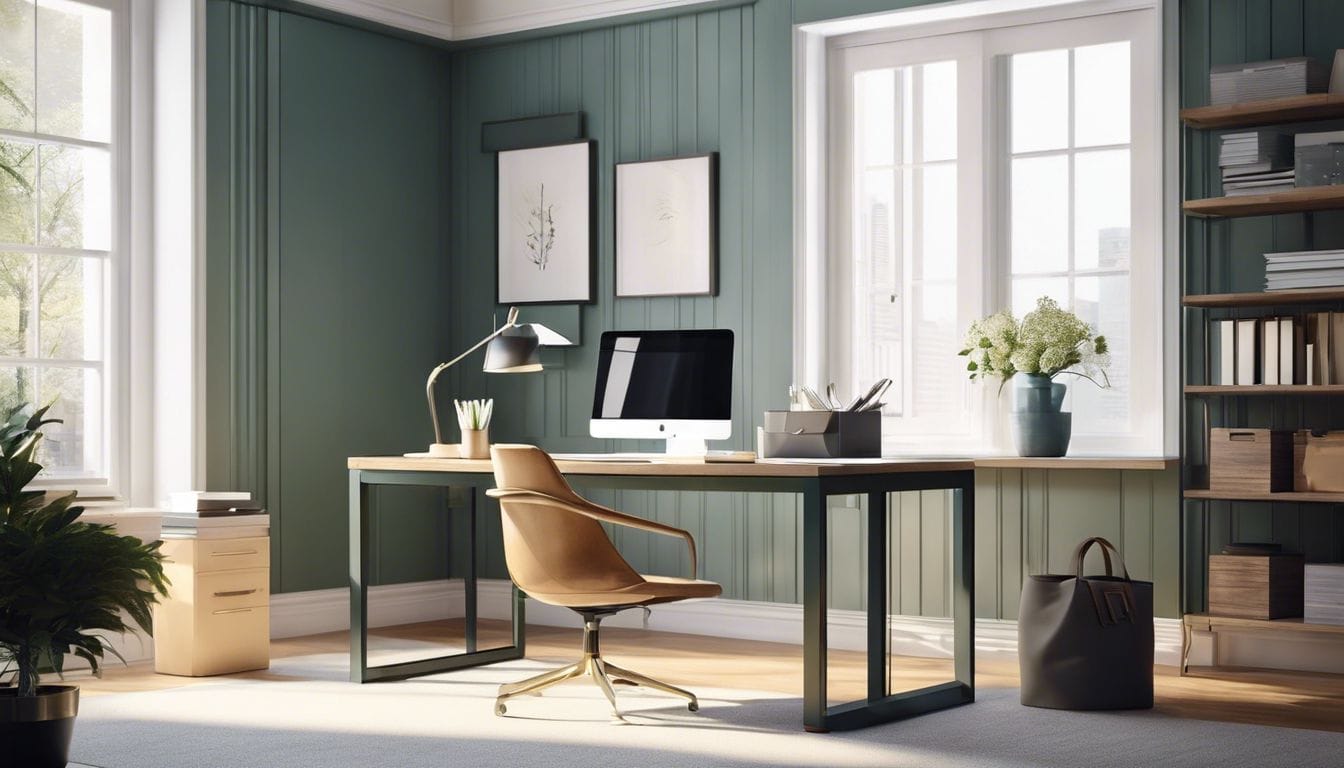 Een opgeruimd thuiskantoor met goed georganiseerde financiële documenten en modern interieur.