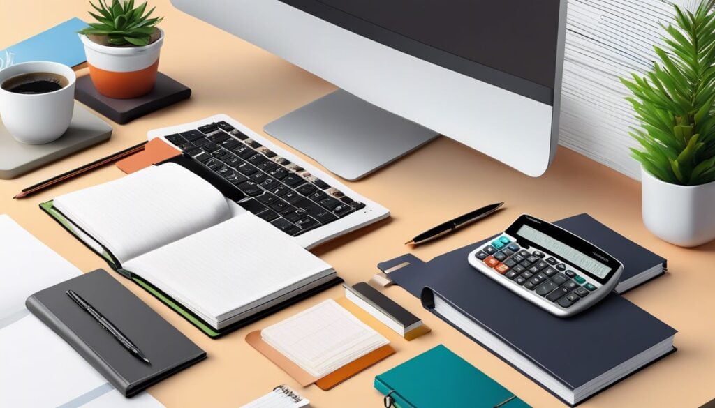 Een netjes georganiseerd bureau met boekhoudkundige boeken en een rekenmachine.