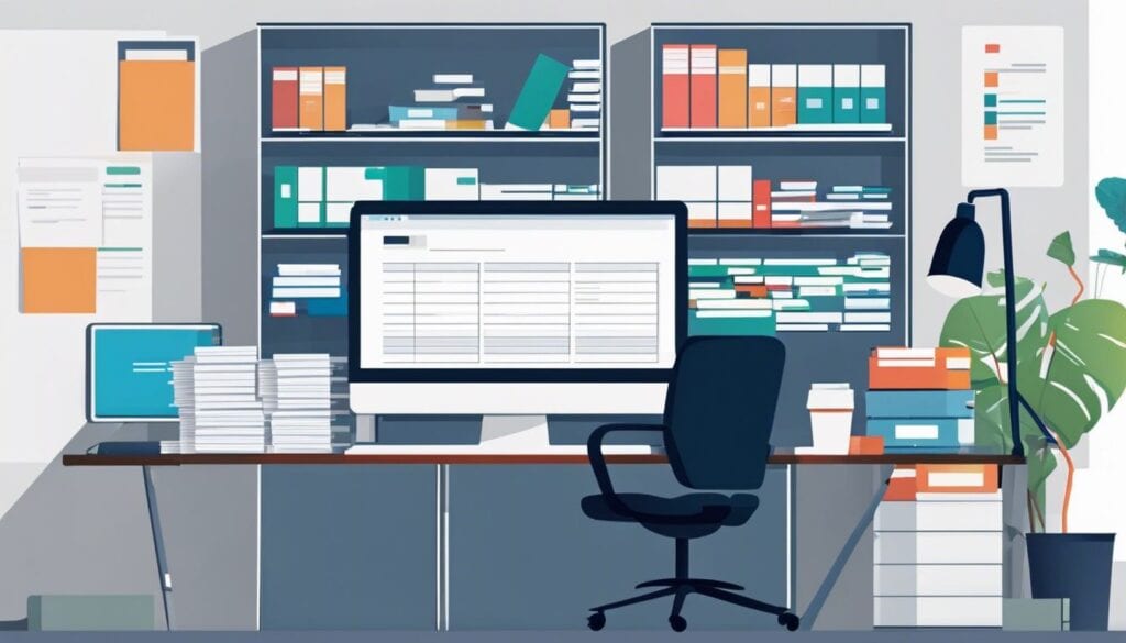 Een persoon organiseert facturen en documenten in een nette kantoorruimte.