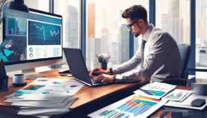 Een persoon werkt in een moderne thuiskantoor omgeving met financiële grafieken.