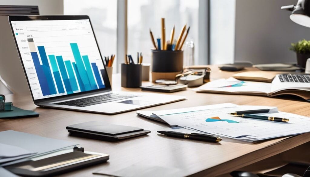 Een opgeruimd bureau met georganiseerde financiële documenten en kantoorbenodigdheden.