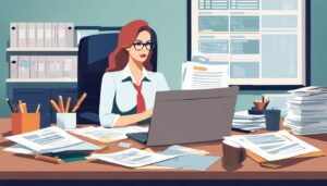 Een professionele vrouw bekijkt loonadministratiedocumenten aan haar rommelige bureau.