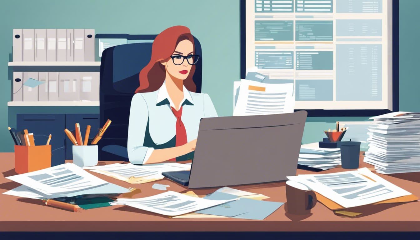 Een professionele vrouw bekijkt loonadministratiedocumenten aan haar rommelige bureau.