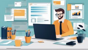 Een bedrijfseigenaar organiseert zorgvuldig papierwerk op een net bureau met behulp van SnelStart-software.