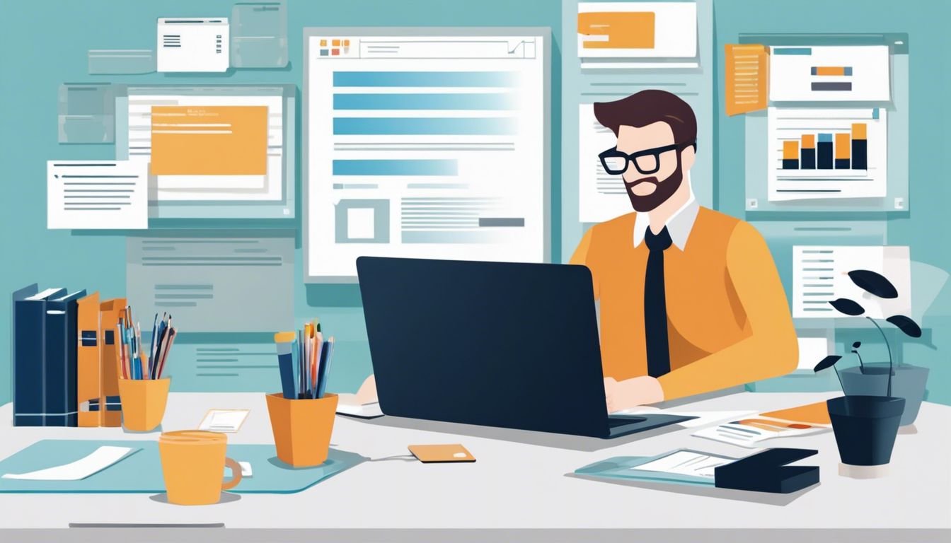 Een bedrijfseigenaar organiseert zorgvuldig papierwerk op een net bureau met behulp van SnelStart-software.