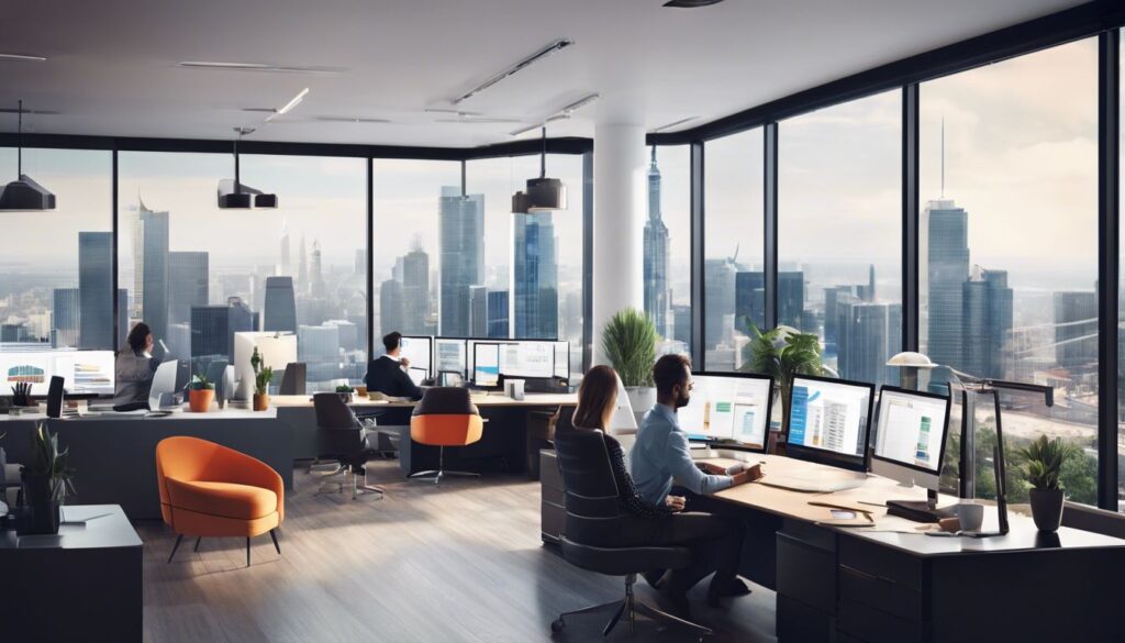 Een groep accountants werkt samen in een moderne kantooromgeving.