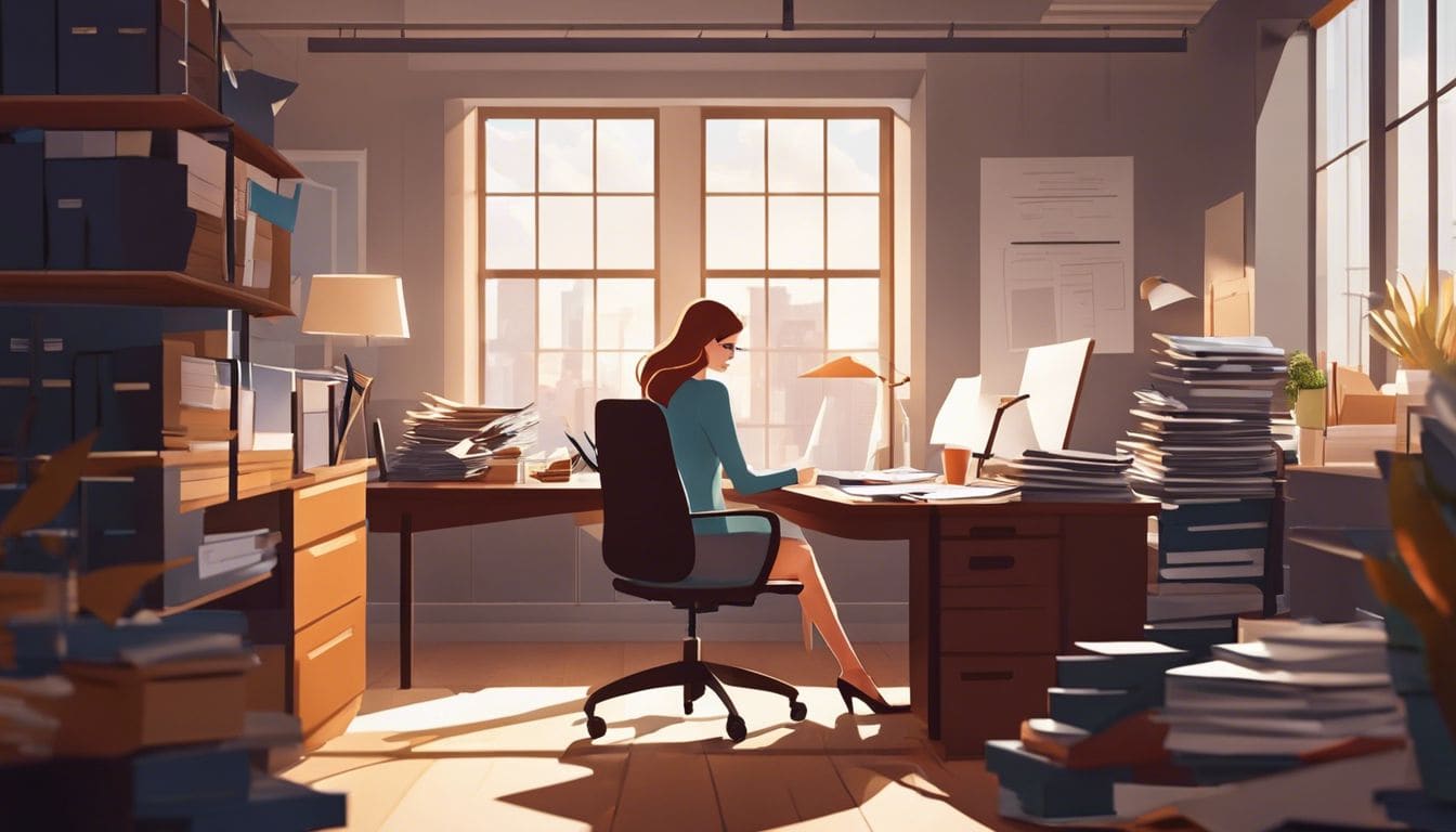 Een gefocuste zakenvrouw die documenten organiseert in een rommelig kantoor.