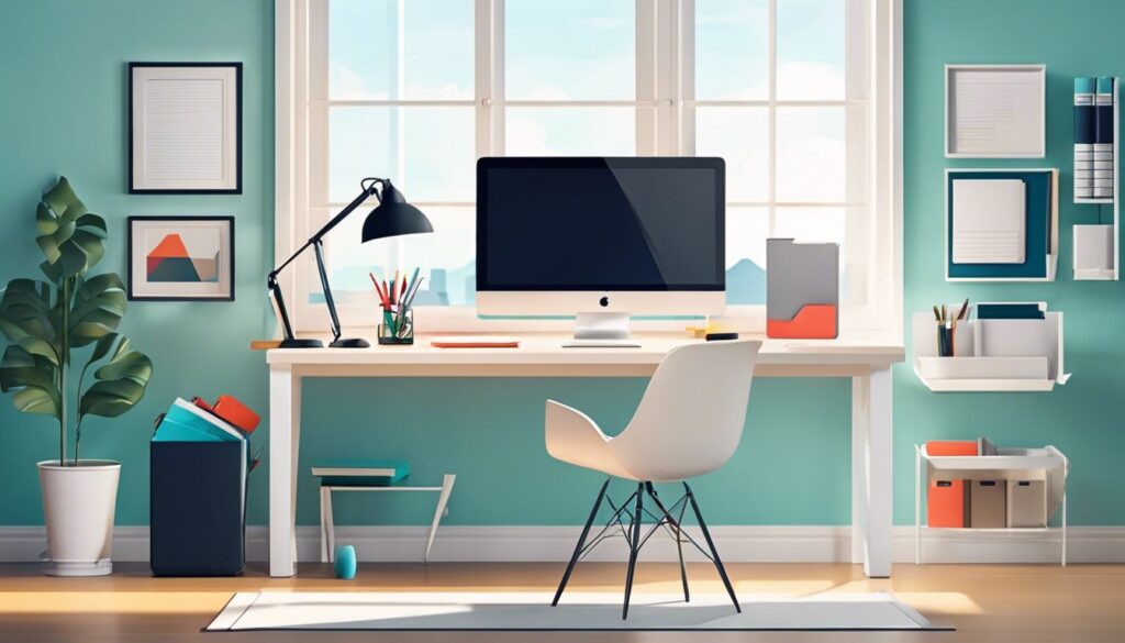 Een opgeruimd bureau met kantoorbenodigdheden en een computer in een heldere en georganiseerde werkruimte, met moderne en strakke kantoormeubelen.