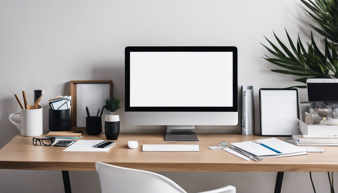 Een opgeruimd en georganiseerd kantoor met moderne decoratie en benodigdheden.