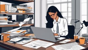 Een vrouwelijke professional werkt aan een overvol bureau in een kantoor.