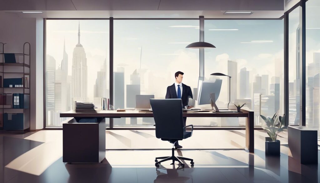 Een professionele accountant analyseert financiële documenten in een modern kantoor met uitzicht op de stad.