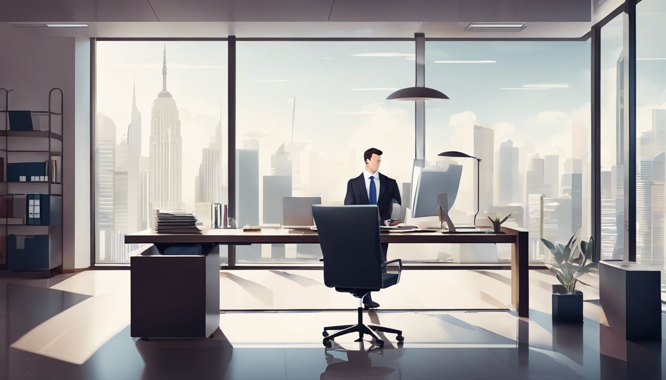 Een professionele accountant analyseert financiële documenten in een modern kantoor met uitzicht op de stad.